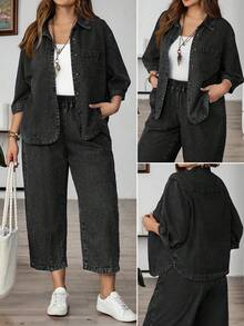 EMERY ROSE Mature Denim Plus Size Drop Shoulder Short Sleeve Front Button Loose Denim Top, Summer Fashion - Black - View 1