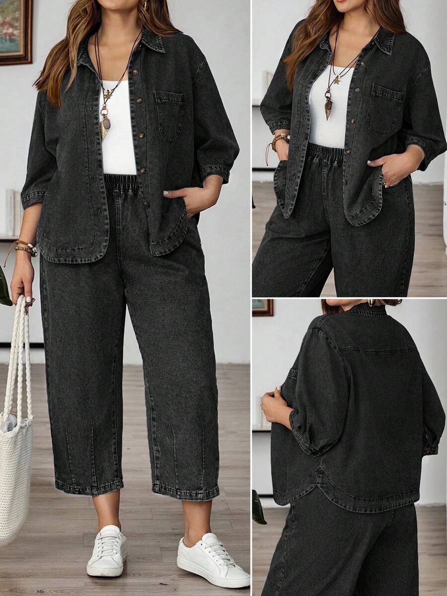 EMERY ROSE Mature Denim Plus Size Drop Shoulder Short Sleeve Front Button Loose Denim Top, Summer Fashion - Black - View 1