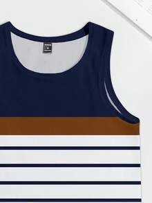 Azurnel 極簡海軍藍白條紋背心，夏季休閒修身拼接印花背心，適合健身、約會與聚會，送給男友的時尚禮物，度假穿搭 - 白色 - 查看 3