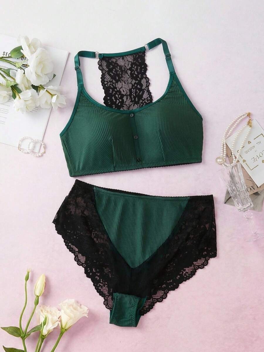 Elorette 2pcs Floral Lace Knit Fabric Wireless Full Coverage Bra And High-Waisted Briefs Set, Comfortable Daily Wear, Plus Size, Moss Green And Black - Dark Green - View 1