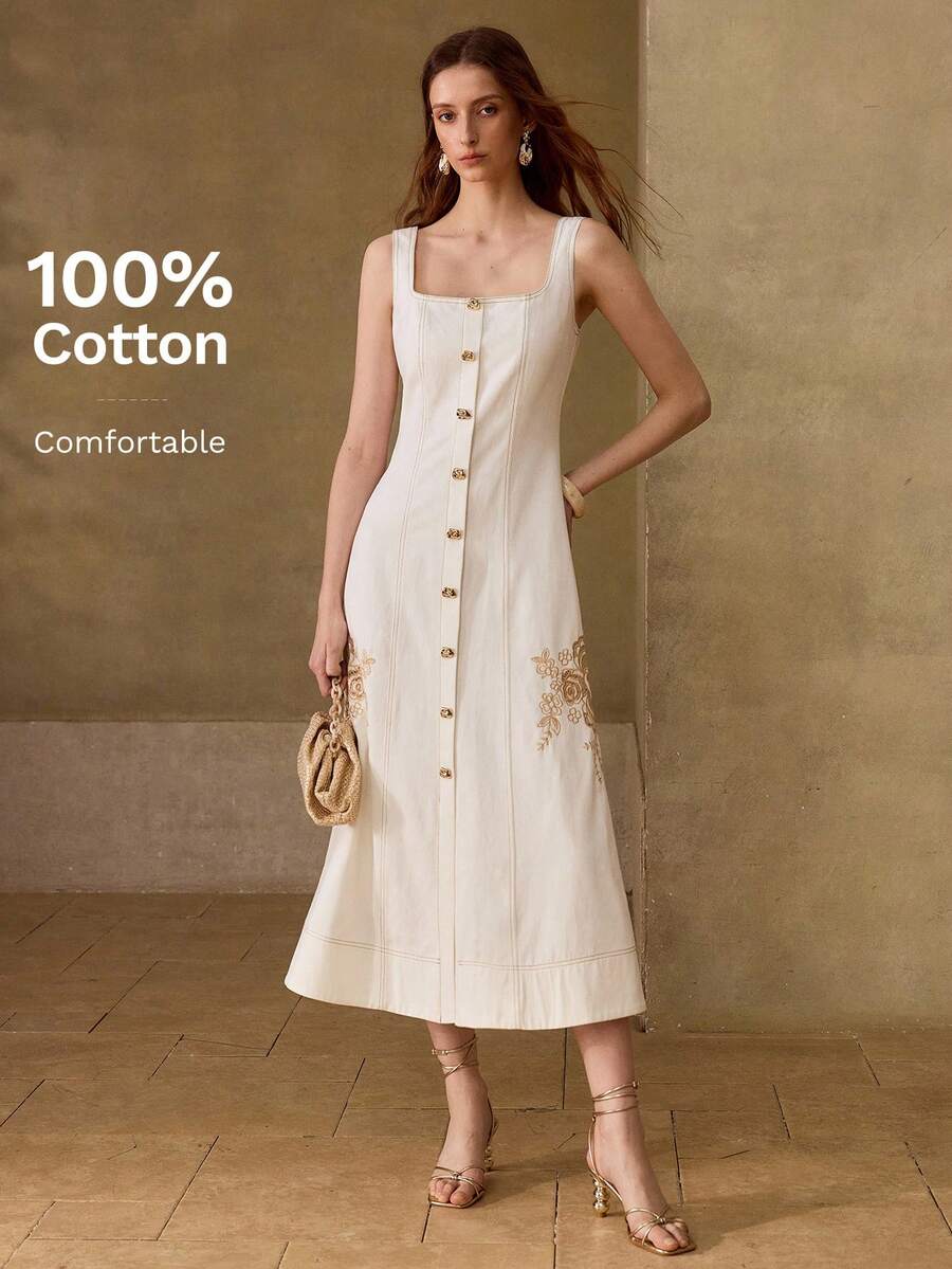 MOTF PREMIUM Đầm dài không tay cổ vuông thêu họa tiết màu trắng 100% cotton dành cho nữ, thích hợp mặc thường ngày và hẹn hò, mùa xuân/hè. - trắng - Xem 1