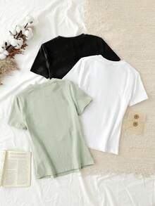 Tseoso Bộ 3 món áo thun nữ tay dài cổ tròn dáng ôm, phong cách tối giản thường ngày, chất liệu 95% cotton. - Nhiều màu - Xem 2