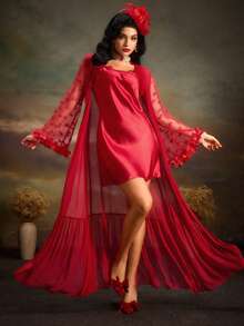 3D Floral Decor Mesh Ruffle Hem Loose Fit Robe PerfectSummer - Red - View 6