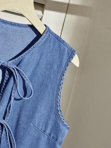 Comfortcana Women's Denim Vest With Casual Tie Bow Ruffle Hem, Blue - Medium Wash - View 4