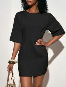 Zivah Chic Black Summer Round Neck Short Sleeve Fitted Linen Mini Dress For Brunch,Vacation,Beach,Party,Wedding Guest,Commute & Casual Daily Wear - Black - View 4
