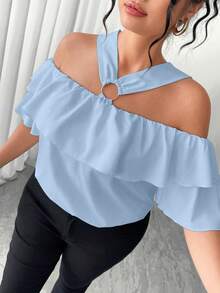 Elenzga Plus Size Women Solid Color Elegant Off-Shoulder Hollow Metal Decor Ruffle Trim Blouse - Blue - View 3