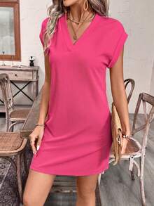 EMERY ROSE Women's Solid V-Neck Casual Daily Party Short Dress - Watermelon Pink - View 5