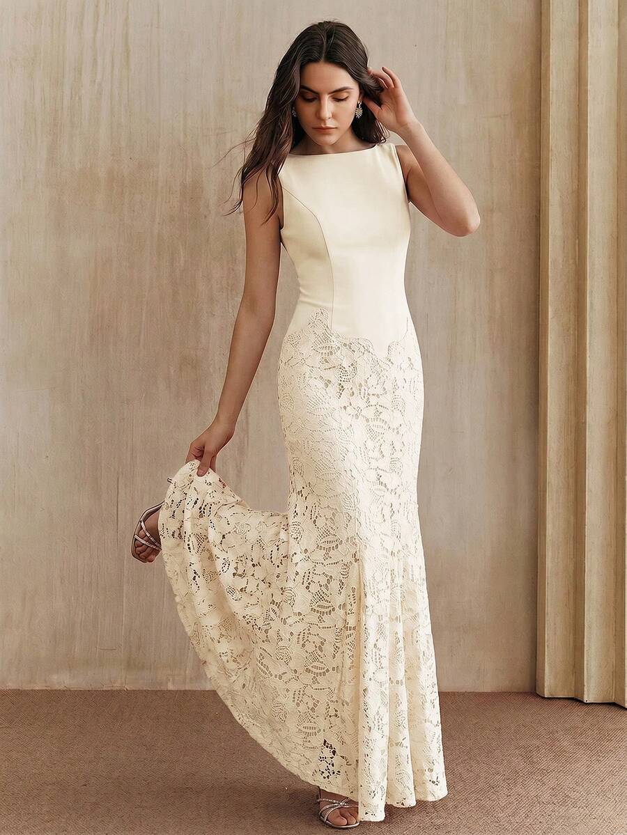 Anewsta 夏季时尚优雅蕾丝拼接鱼尾连衣裙 - 米色 - 查看 1
