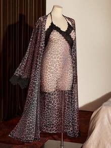 Slumberist Sexy Spaghetti Strap Leopard Print Mesh Lace Trim Slit Maxi Robe, Plus Size - Multicolor - View 5