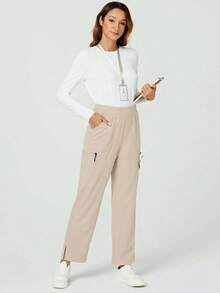 TaskEZ Multi-Pocket Minimalist Casual Straight-Leg Pants, Scrub Uniform Bottom - Apricot - View 6