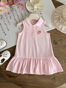 SHEIN Đầm không tay cho bé gái, dễ thương, cổ polo, xếp ly, họa tiết dâu tây 3D. - Hồng - Xem 5