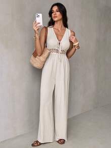 SHEIN Tall Bộ áo liền quần nữ cổ chữ V thắt nơ, kiểu dáng thường ngày, thích hợp mặc hàng ngày. - Màu be - Xem 1