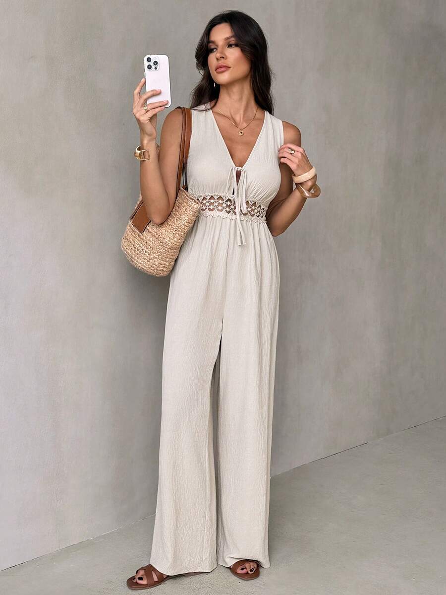 SHEIN Tall Bộ áo liền quần nữ cổ chữ V thắt nơ, kiểu dáng thường ngày, thích hợp mặc hàng ngày. - Màu be - Xem 1
