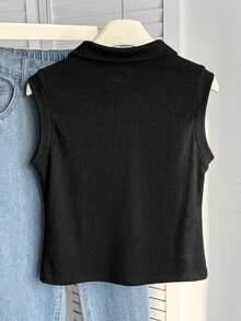 SHEIN 少女黑色罗纹针织 Polo 领无袖休闲简约优雅修身背心 - 黑色 - 查看 2