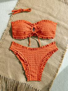Soleia Bộ bikini mùa hè gợi cảm dành cho nữ, chất liệu vải trơn, có họa tiết, viền bèo nhún, buộc dây phía trước, xẻ tà. - Nhiều màu - Xem 8
