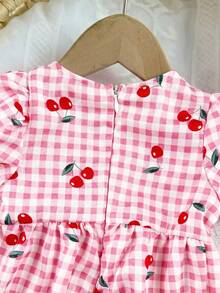 Newborn Baby Girl Casual Cute Summer Plaid Cherry Print Romper - Pink - View 7