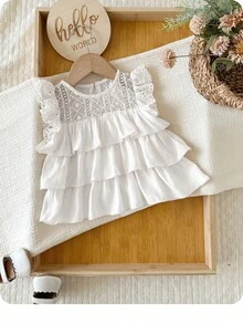 SHEIN Babygirl Cute Vacation Versatile Ruffle Lace Trim Flutter Sleeve Top - White - View 5