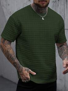 Manfinity Homme 男士素色圓領休閒百搭日常穿著短袖T恤，度假款 - 軍綠色 - 查看 3