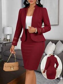 SHEIN Lady Bộ 2 món áo dài tay và chân váy công sở tối giản màu đỏ tía dành cho nữ, thích hợp cho mùa thu/đông. - Màu Đỏ Sâu - Xem 1