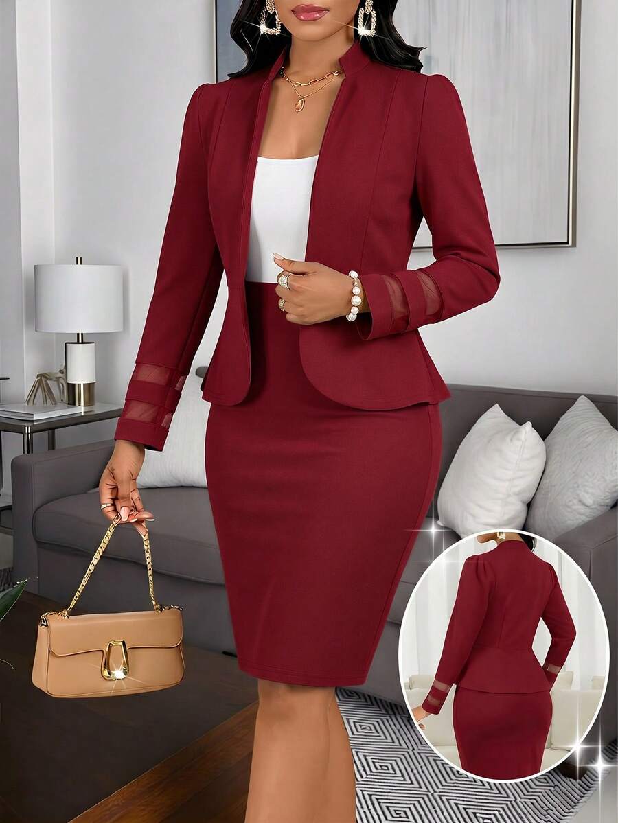 SHEIN Lady Bộ 2 món áo dài tay và chân váy công sở tối giản màu đỏ tía dành cho nữ, thích hợp cho mùa thu/đông. - Màu Đỏ Sâu - Xem 1
