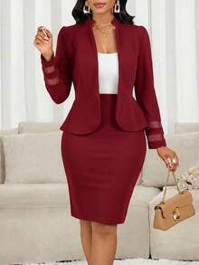 SHEIN Lady Bộ 2 món áo dài tay và chân váy công sở tối giản màu đỏ tía dành cho nữ, thích hợp cho mùa thu/đông. - Màu Đỏ Sâu - Xem 7