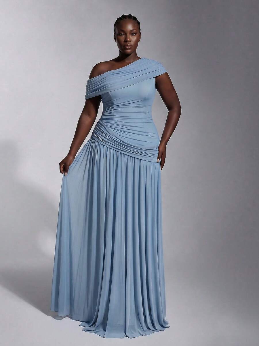 Elitara Plus Size Dusty Blue Summer Elegant Formal Prom Dress, Mesh Asymmetrical Shoulder Ruffle A-Line Maxi Gown,Wedding Guest Bridesmaid Evening - Blue - View 1