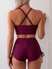Swim Chiccia Women's Two Pieces Solid Color Slimming Tankini Bikini Set Set With Side Drawstring, Suitable For Beach, Resort, Casual Party - Red - View 2
