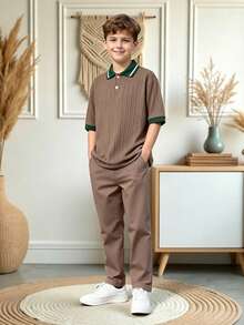 SHEIN 2pcs Tween Boy Gentleman Set, Short Sleeve Polo Shirt + Trousers, Elegant Formal Outfit For Birthday Party, Wedding, Anniversary, Graduation - Multicolor - View 4
