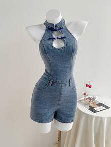 SHEIN Rompi Denim Gaya Cina untuk Wanita - Biru - View 3
