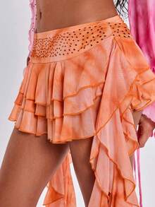 ACID BLVD Minifalda de mujer con estampado degradado, cintura con strass y volantes en el bajo para primavera/verano y vacaciones - Naranja - Ver 6