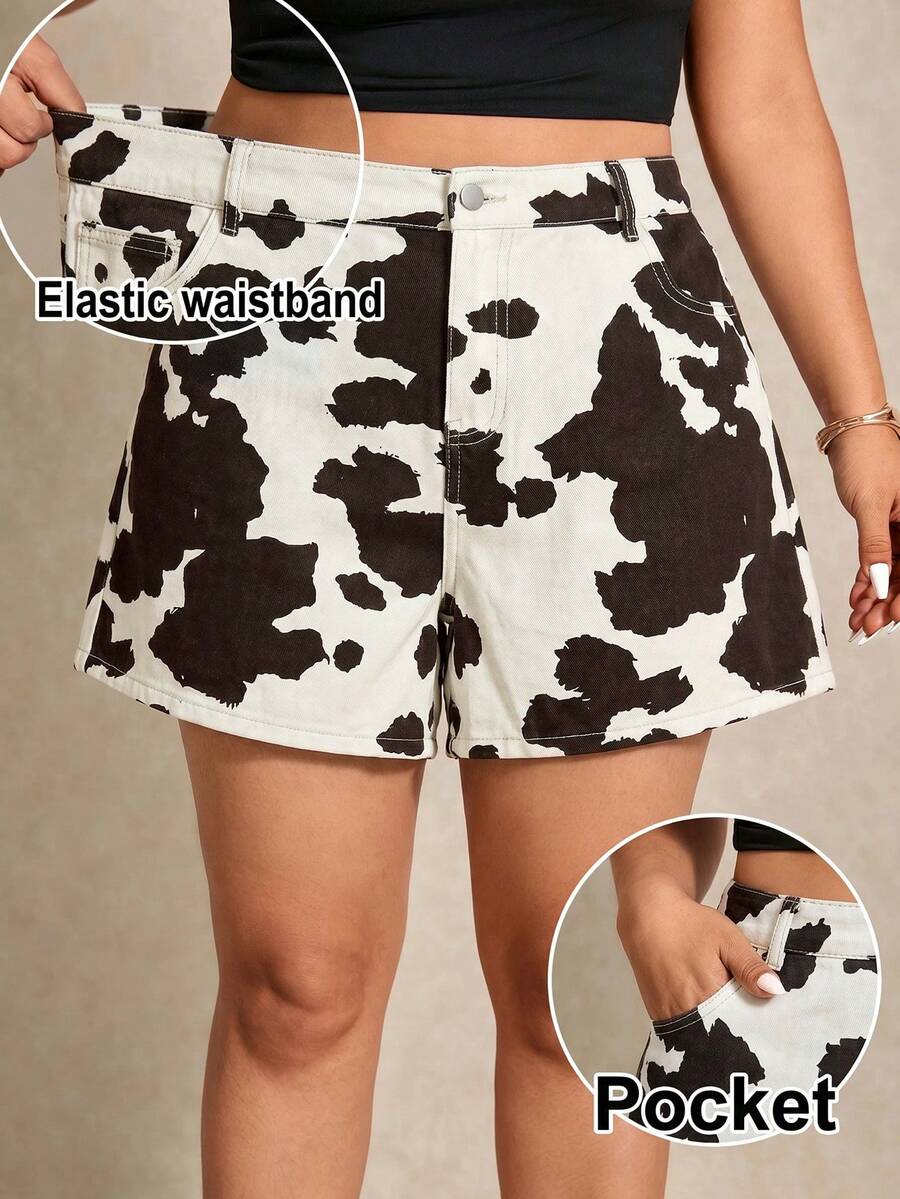 Elaquor Plus Size Contrast Color Printed Casual Denim Shorts - Multicolor - View 1