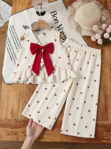 Emery Rose Kids Emery Rose Kids 2件套少女格子圆领休闲背心和裤子套装 - 杏色 - 查看 2