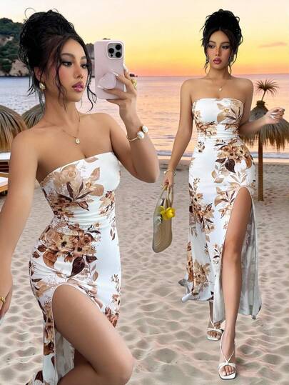 SHEIN Raffinéa Women's Spring And Summer Strapless Knitted Floral Print Elasticated High-Waisted Frill Dress, Spring And Summer Dress,Daily Wear, Wedding, Dinner Party, Daily Commute, Graduation Party, Festival Event, Vacation, Date, Party, Halloween, Christmas, New Year's Day, Thanksgiving Dress,Elegant Dresses For Women,Summer Dresses For Women