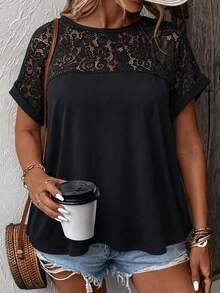 EMERY ROSE Plus Size Women's Lace Floral Knit T-Shirt, Suitable For Daily Commute And City Wear, Spring/Summer Date Night Black Elegant - Black - View 1