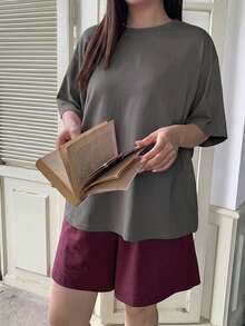 Dazy Plus 两件套休闲家居服，宽松短袖上衣和松紧腰短裤，春夏大码女式睡衣 - 灰色 - 查看 6