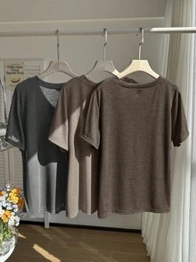 Comfortcana 3pcs/Set Plus Size Casual V-Neck T-Shirts, Spring/Summer - Multicolor - View 2