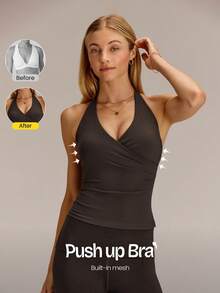 GLOWMODE Áo tank top FeatherFit™ thoáng khí, nhẹ, dài đến eo, có lưới bên hông, kiểu dây buộc chéo nâng ngực và mút độn chống trượt có thể tháo rời, thích hợp cho tập yoga, pilates và mặc hàng ngày. - màu nâu - Xem 1