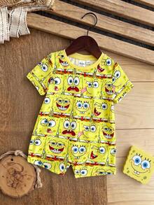 SpongeBob SquarePants | SHEIN Baby Girl Versatile Round Neck Short Sleeve Romper - Yellow - View 3