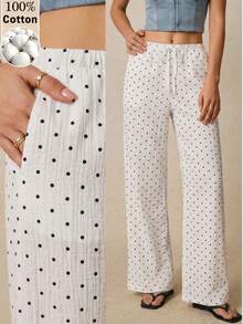 Poéselle Women's White And Black Polka Dot Drawstring Waist Loose Pants, Pocket Casual Country Pants,Boho Autumn Vacation Holiday Outfits, Vacation - Black and White - View 2