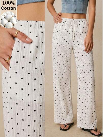 Poéselle Pantalones sueltos con cintura con cordón, estampado de lunares y bolsillos para mujer
