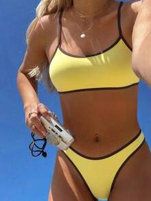 Swim Mod 2025 New 3pcs/Set Women Spaghetti Strap Wireless Solid Color Bikini Swimwear Set - Yellow - View 6