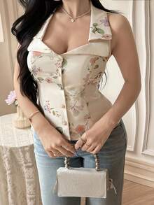 Feyla Plus Size Floral Print Front Button Fitted Camisole, Elegant For Spring Summer Tea Party Wedding Guest Beige - Multicolor - View 2