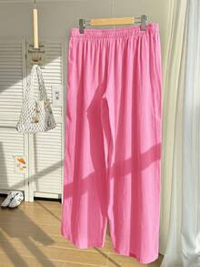Comfortcana Pantalones anchos casuales de verano para mujer talla grande, de unicolor con cordón en la cintura - Rosa Fucsia - Ver 6