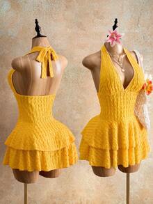 Mistrie Women's Vacation Textured Ruffle Hem Halter Neck Dress Women's Solid Color Pleated Dress With Halter Neck , Beach Vacation Outfits For Women , Vacation Outfits Women , Holiday Outfits For Women , Vacation , Holiday , Summer Holiday Outfits , Holiday Outfits , Vacation Outfits For Women Beach Vacation Outfits For Women , Summer , Summer Clothes , Summer Outfits For Women , Summer Outfits , Summer Outfit For Women - Yellow - View 1