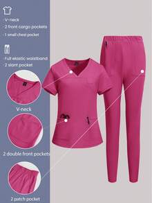 TaskEZ Solid Color Minimalist V-Neck Double Pocket T-Shirt And Casual Pants Uniform Set - Hot Pink - View 1