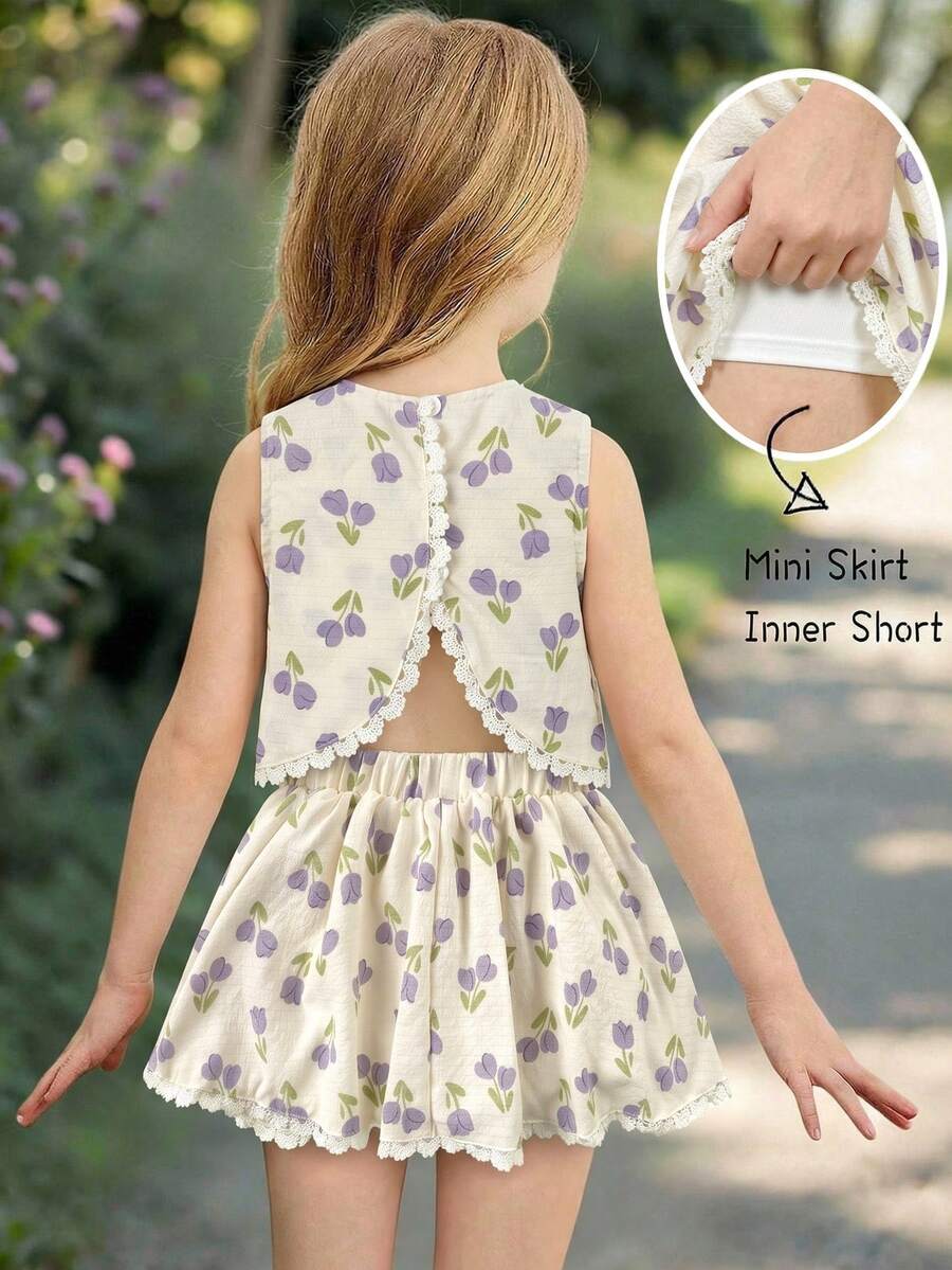 Emery Rose Kids Emery Rose Kids 女童两件套:碎花蕾丝边无袖上衣和裙子 - 淺灰紫 - 查看 1