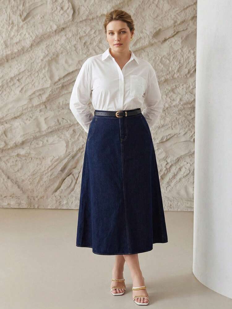 PLUS SIZE ELEGANT WASHED BLUE DENIM SKIRT