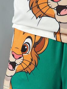 SHEIN Playful Pals 2件套幼儿男童休闲可爱狮子图案圆领短袖T恤和松紧腰短裤套装，男婴夏季服装，男婴动物套装，婴儿服装，婴儿套装，婴儿可爱动物套装 - 白色 - 查看 7