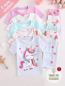SHEIN 【2件套】女童独角兽卡通印花短袖短裤针织贴身睡衣家居服套装 - 彩色 - 查看 5