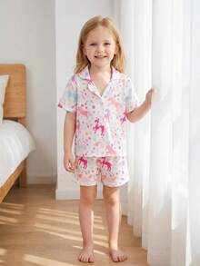 2-Piece Girls Toddler Loungewear Featuring Lapel Collar Button Front Cardigan Short Sleeve Top And Matching Shorts For Summer Season Designed With White Pink And Blue All-Over Cartoon Unicorn Print Pajamas Sleepwear Set Homewear Made From Soft Breathable Lightweight Knit Fabric Perfect For Cute Comfy Cozy Nightwear Daily Casual Wear Stylish Fashionable Children Kids Comfortable Clothing - Multicolor - View 3